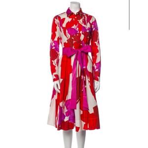 SARA ROKA Red White Print Tie-Front Cotton Poplin Midi Shirt Dress IT 40 US 4